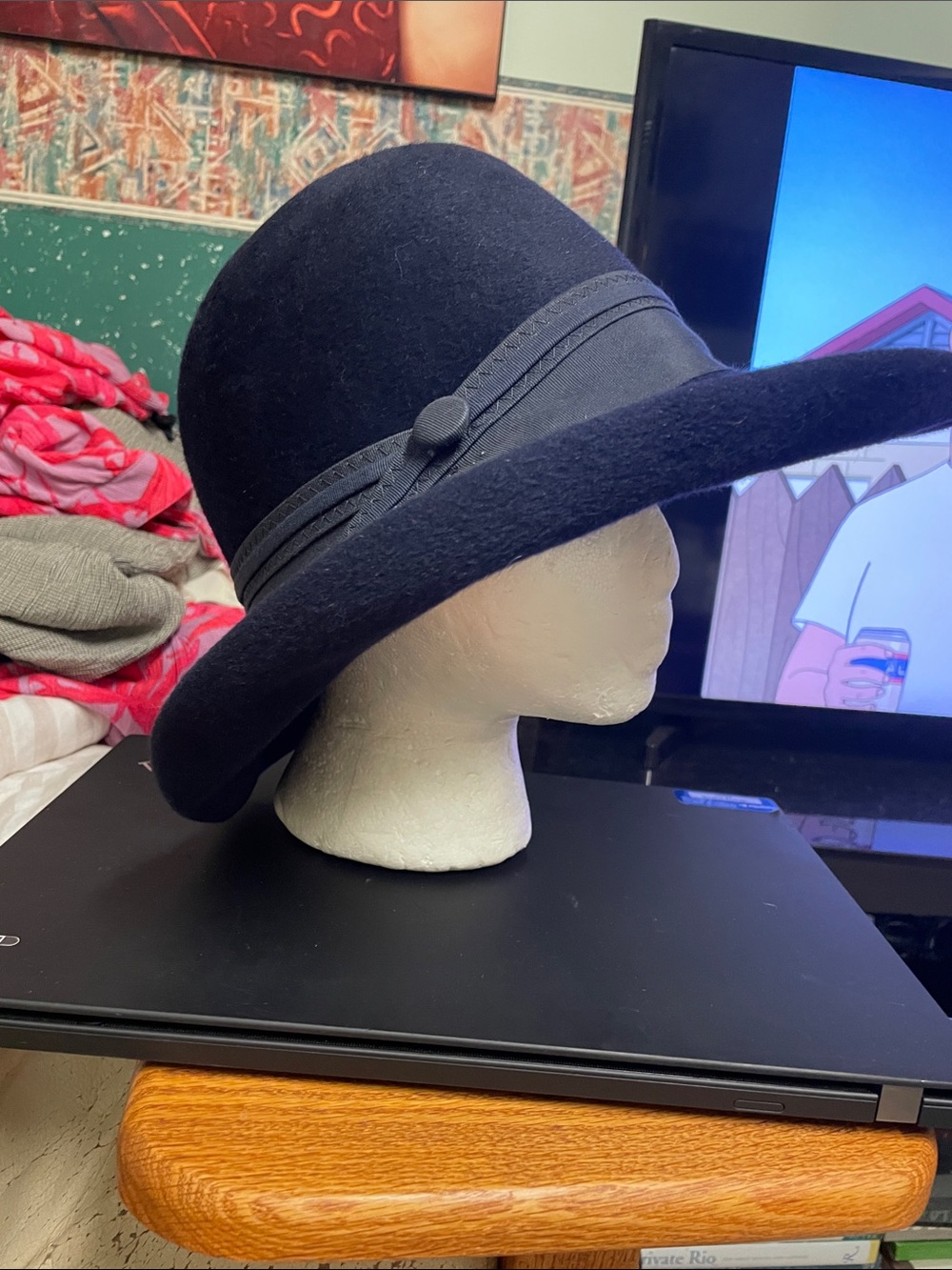 Vintage 50s wool felt Wide Brim “debs” ribbon/button accent Hat - navy